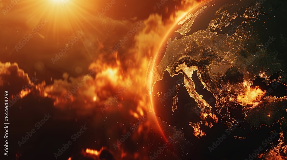 Fototapeta premium Earth globe under extreme heat from the sun, Europe engulfed in flames and destroyed by fire. Conceptual illustration of global warming, rising temperatures, and climate change disaster.