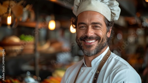Fototapeta Naklejka Na Ścianę i Meble -  A cheerful and friendly mature male chef smiling confidently against the backdrop of a well-equipped restaurant kitchen