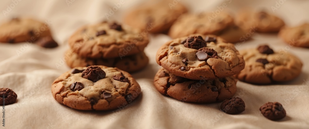 Brown american cookies on beige silk fabric background Minimal style Bakery and pastry concept Top view. Brown american cookies on beige silk fabric background Minimal style Bakery and pastry concept Top view.