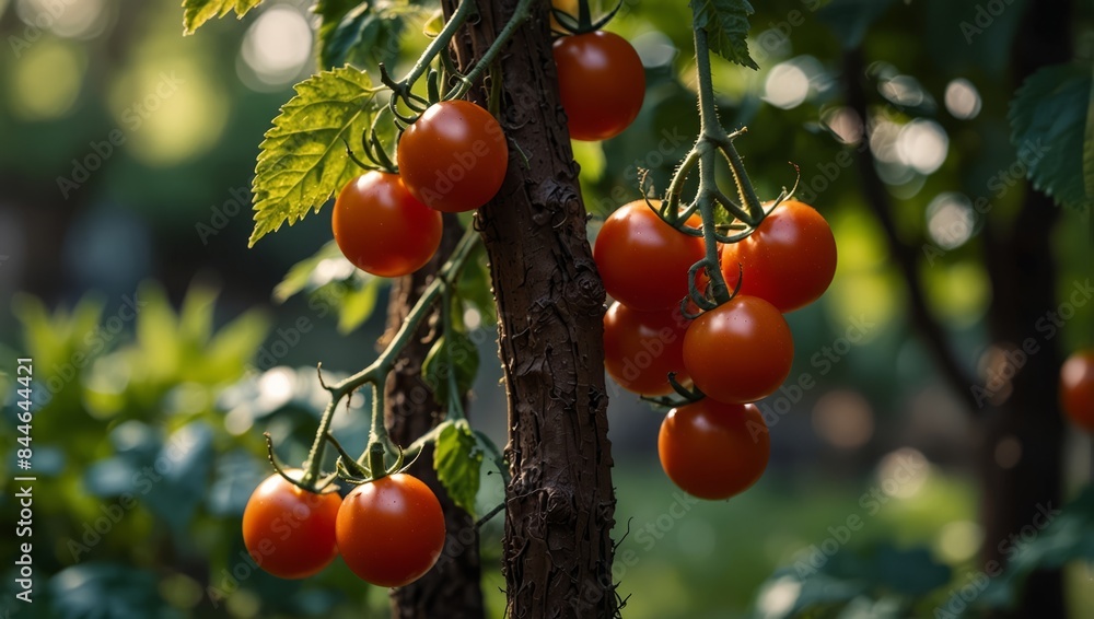 Cherry tomatoes dangling from a vine in a sunlit garden with light filtering through leafy branches. Cherry tomatoes dangling from a vine in a sunlit garden with light filtering through leafy branches.