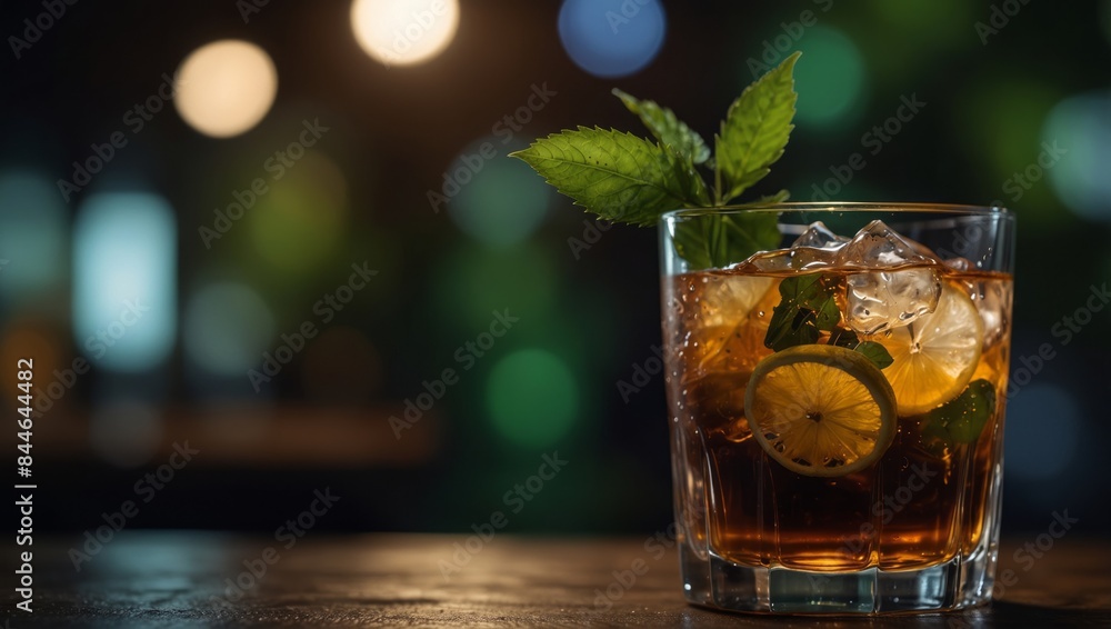 Close-up, filled with drink, garnished with green leaves. Close-up, filled with drink, garnished with green leaves.