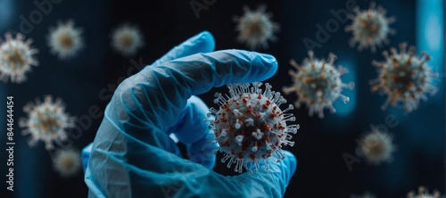 Close up coronavirus mock-up in the doctor's hand with blue gloves Doctors work in hospitals and coronavirus test in laboratory concept Covid-19 vaccine. photo