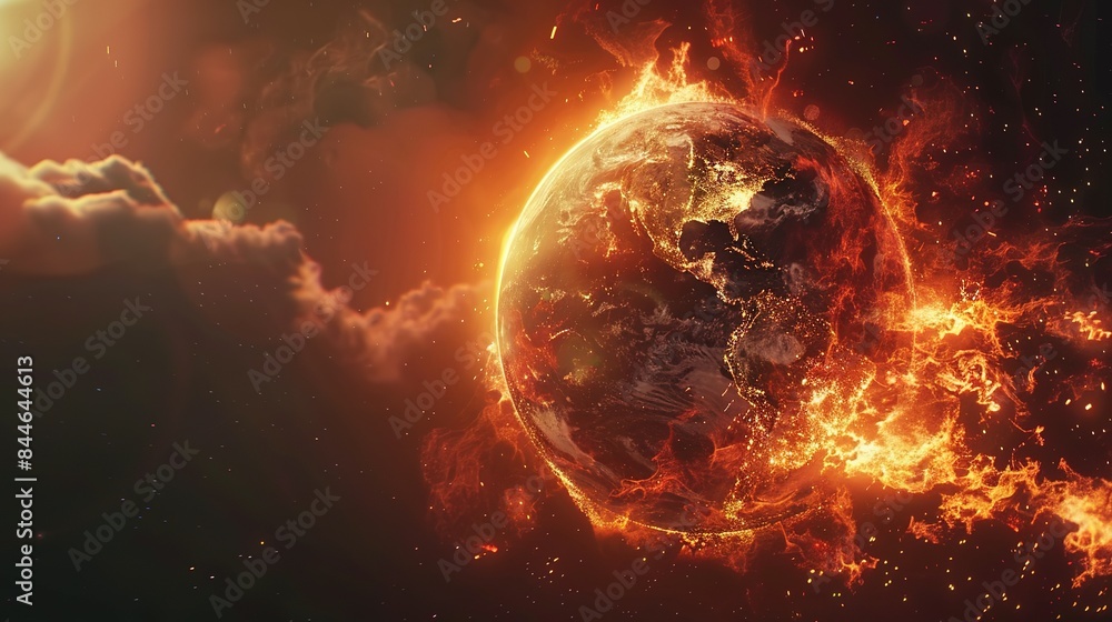 Earth globe under extreme heat from the sun, Europe engulfed in flames and destroyed by fire. Conceptual illustration of global warming, rising temperatures, and climate change disaster. Earth globe under extreme heat from the sun, Europe engulfed in flames and destroyed by fire. Conceptual illustration of global warming, rising temperatures, and climate change disaster.