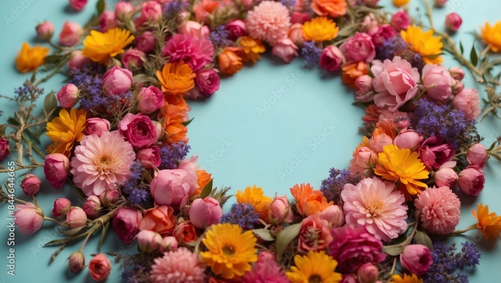 Creative layout made of colorful flower buds lying as a round frame on pastel background Nature concept Top view Flat lay. Creative layout made of colorful flower buds lying as a round frame on pastel background Nature concept Top view Flat lay.