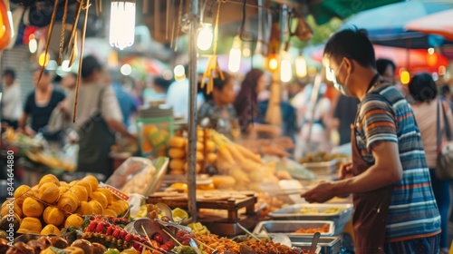 A bustling night market teems with shoppers exploring various food stalls. fresh fruits, vegetables, and local delicacies are displayed as vendors engage with customers under colorful lights.