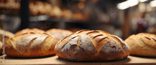 Fresh baked bread at the market closeup Food background concept.