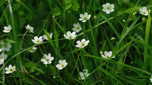 Small white flowers among the blades of grass