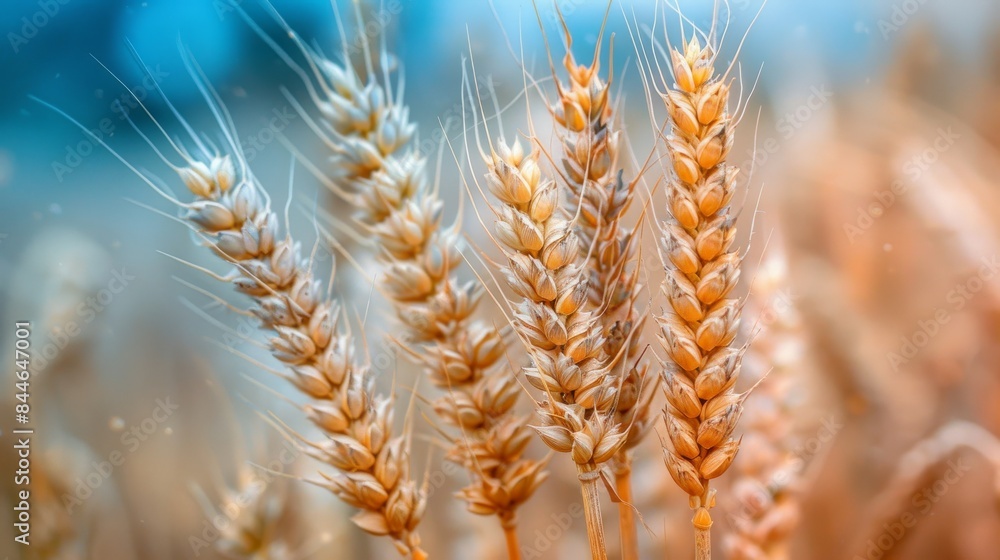 Majestic golden wheat stalks gently sway against a soft blue sky backdrop Majestic golden wheat stalks gently sway against a soft blue sky backdrop
