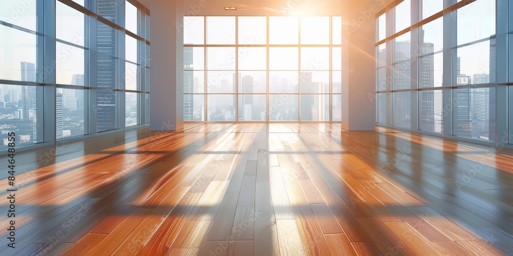 Empty modern office with panoramic city view and sunlight streaming through large windows, creating a bright and spacious workspace. Empty modern office with panoramic city view and sunlight streaming through large windows, creating a bright and spacious workspace.