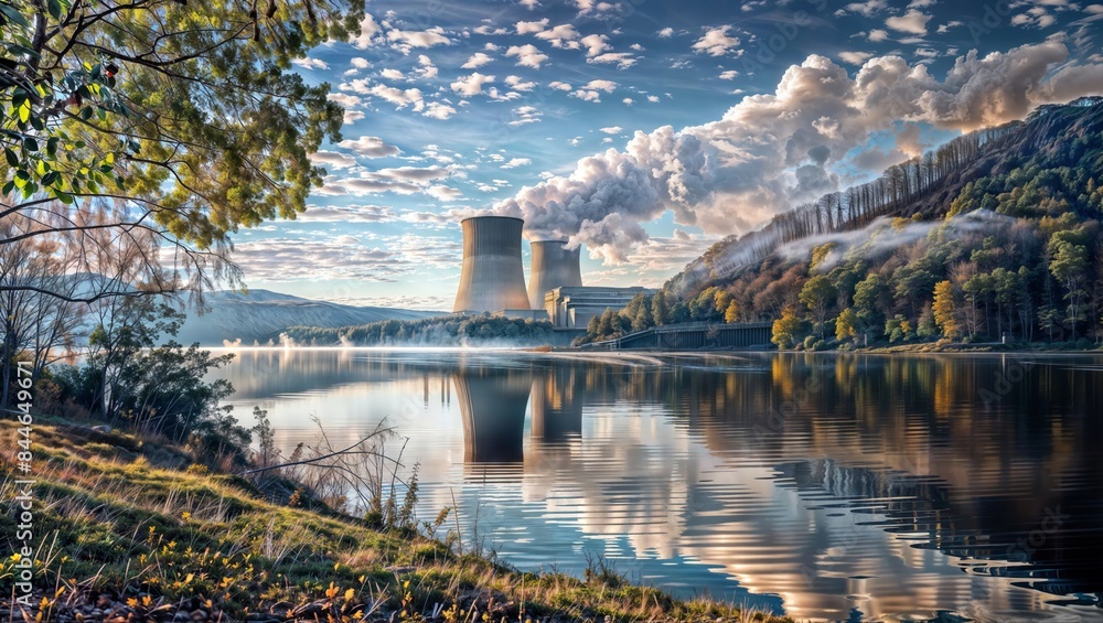 Fototapeta premium A serene landscape featuring a nuclear power plant with large cooling towers emitting steam, reflecting in a calm lake surrounded by lush, green hills and trees under a bright sky.