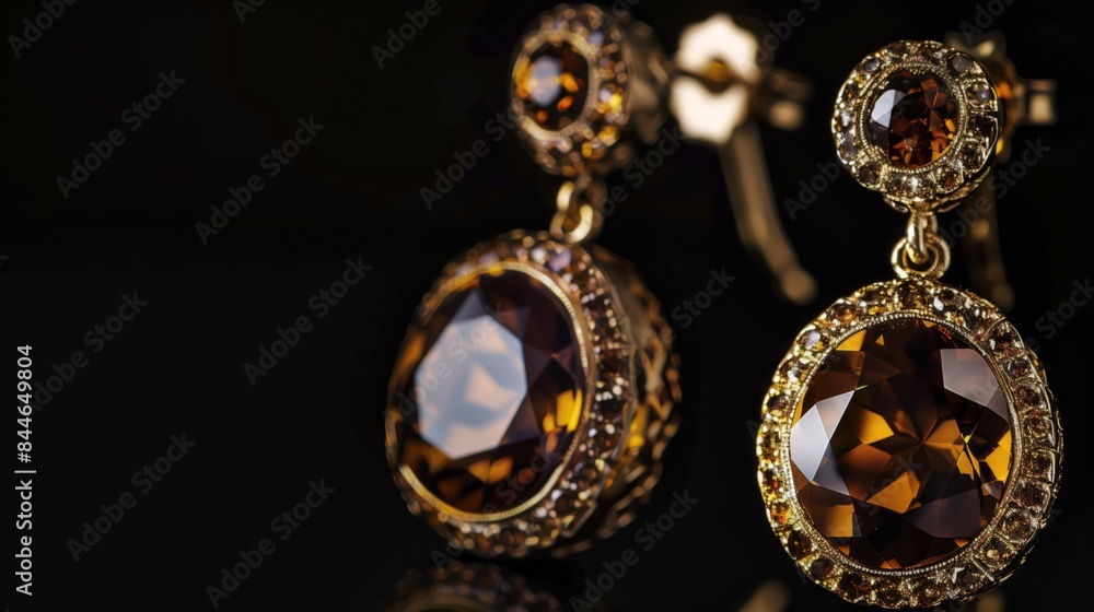 Luxurious dark brown gemstone earrings with surrounding diamonds and gold setting displayed on a mirror Luxurious dark brown gemstone earrings with surrounding diamonds and gold setting displayed on a mirror