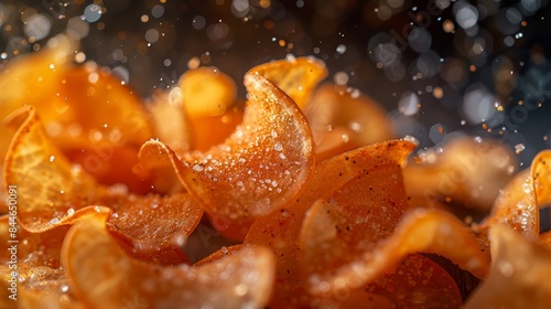 Close-up of crispy seasoned potato chips with salt crystals and vibrant bokeh background
