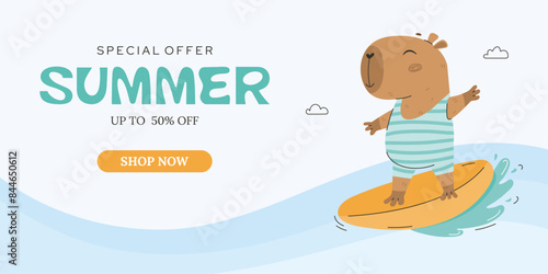 Summer sale banner with capybara surfing in sea