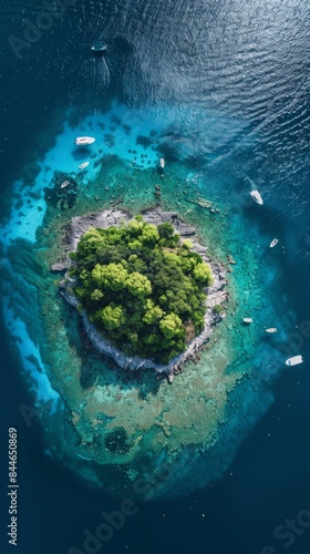 Aerial View of Small Circular Island with Boats