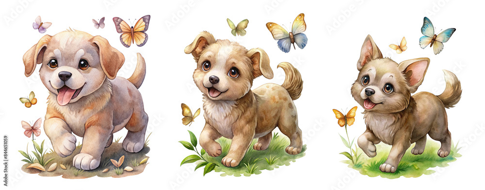 Obraz premium Collection of Watercolor Puppy Illustrations Chasing Butterflies in a Meadow
