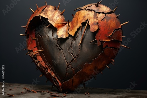 Battered Torn metal heart. Rust scratch disease of cracked heart. Generate Ai