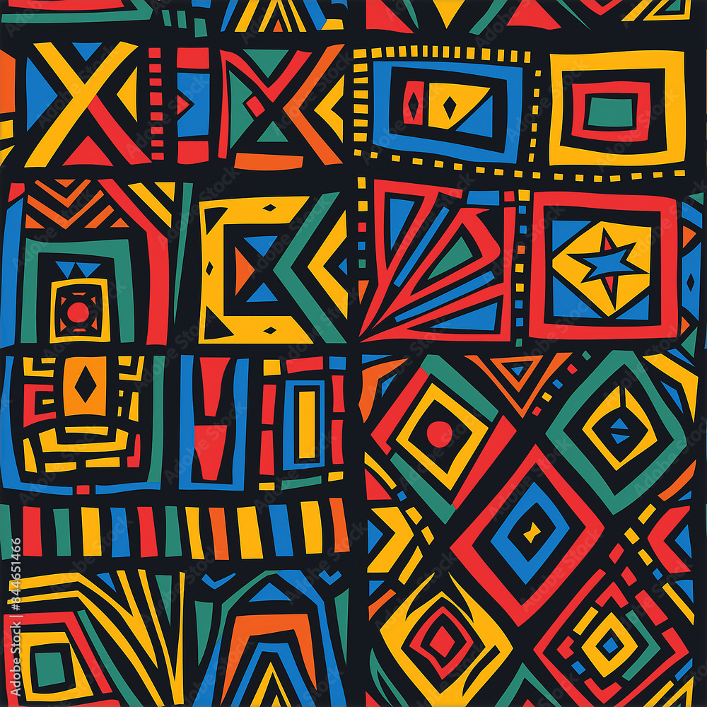 A vibrant, colorful tribal pattern with geometric shapes and intricate patterns in the style of African art. The design includes bold colors like reds, blues, yellows and greens A vibrant, colorful tribal pattern with geometric shapes and intricate patterns in the style of African art. The design includes bold colors like reds, blues, yellows and greens