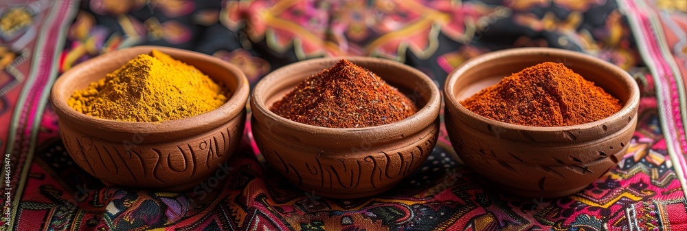 Traditional Moroccan spices, including saffron, ras el hanout, and cinnamon, are displayed in clay bowls on a colorful fabric background. Generative AI Traditional Moroccan spices, including saffron, ras el hanout, and cinnamon, are displayed in clay bowls on a colorful fabric background. Generative AI