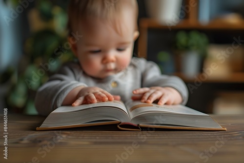Close-up view of a toddler's hands curiously turning the pages of their very first book,with a blurred background providing ample copy space.