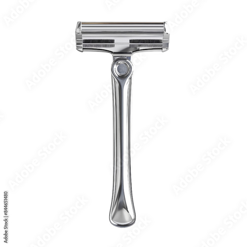 A silver safety razor with a single blade and a long, sleek handle. The razor is isolated on a black background. photo