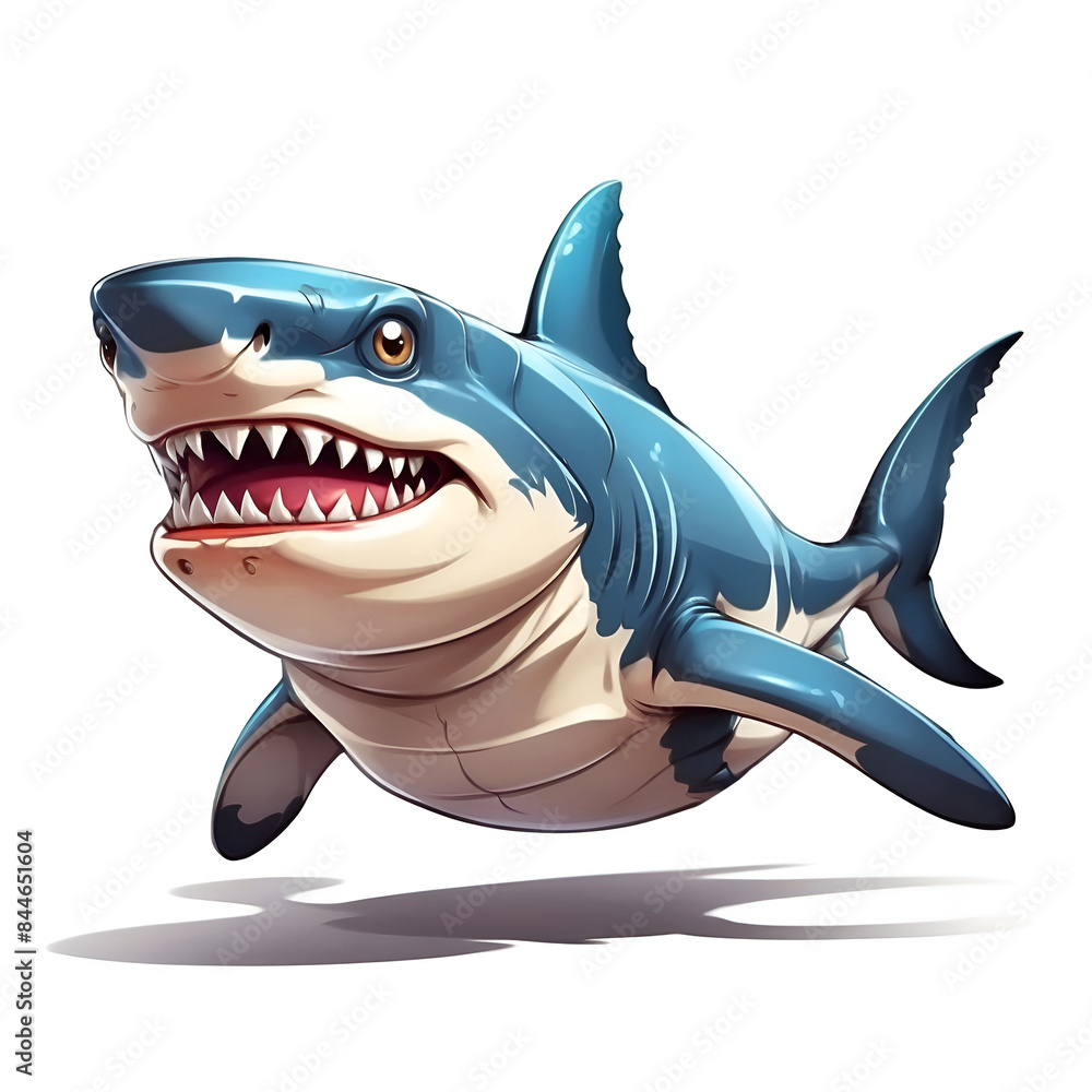 Fototapeta premium A shark in cartoon style. Cute shark isolated on white background. Watercolor drawing, hand-drawn fish in watercolor. illustration., A shark in cartoon style. Cute shark isolated on white backgroun