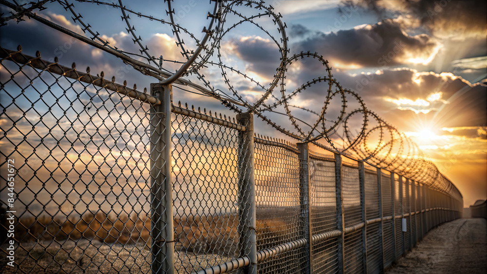 A chain link fence with barbed wire at the top stretches into the distance as the sun sets behind it, casting a warm glow across the sky A chain link fence with barbed wire at the top stretches into the distance as the sun sets behind it, casting a warm glow across the sky