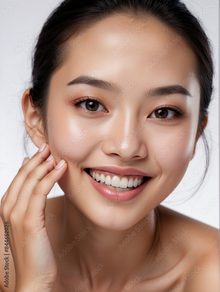 A Smiling Asian Woman applying a Beauty Cream in her Morning ritual. A Smiling Asian Woman applying a Beauty Cream in her Morning ritual.