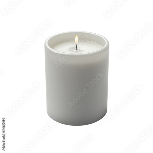 A white candle burning in a glass jar, isolated on a black background. The candle is lit and the flame is visible.