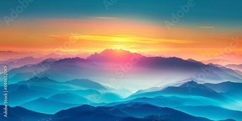 Sunset over mountain ranges, ideal for landscape and nature photography. © JovialFox