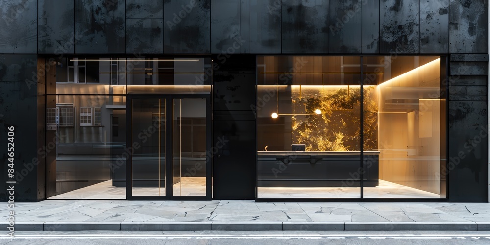 Modern Black Storefront with Large Windows and Illuminated Interior Modern Black Storefront with Large Windows and Illuminated Interior