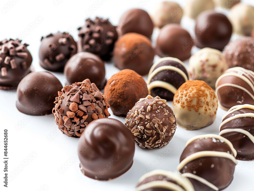 Schokoladen Pralinen, Trüffel auf weissen Hintergrund. Verschiedene Sorten. Schokoladen Pralinen, Trüffel auf weissen Hintergrund. Verschiedene Sorten.