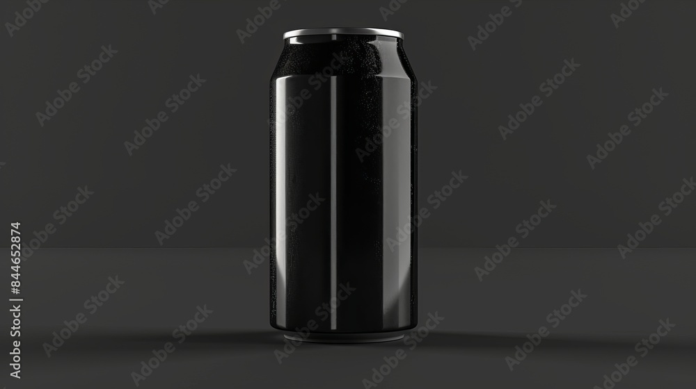 A black aluminum soda can mockup is isolated on a black background featuring a 500ml capacity A black aluminum soda can mockup is isolated on a black background featuring a 500ml capacity