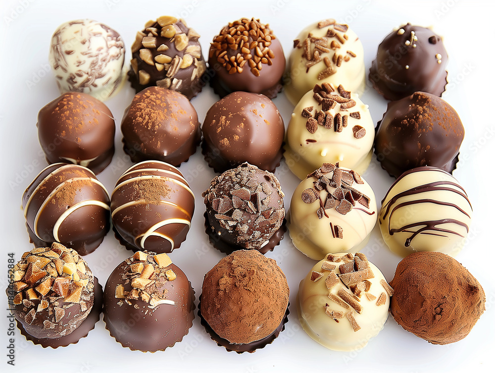 Schokoladen Pralinen, Trüffel auf weissen Hintergrund. Verschiedene Sorten. Schokoladen Pralinen, Trüffel auf weissen Hintergrund. Verschiedene Sorten.