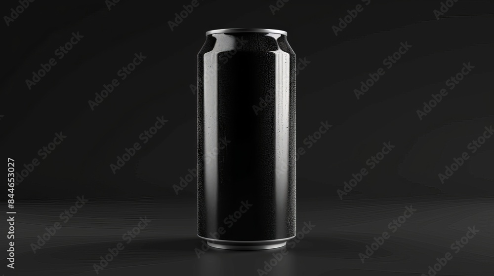 A black aluminum soda can mockup is isolated on a black background featuring a 500ml capacity A black aluminum soda can mockup is isolated on a black background featuring a 500ml capacity