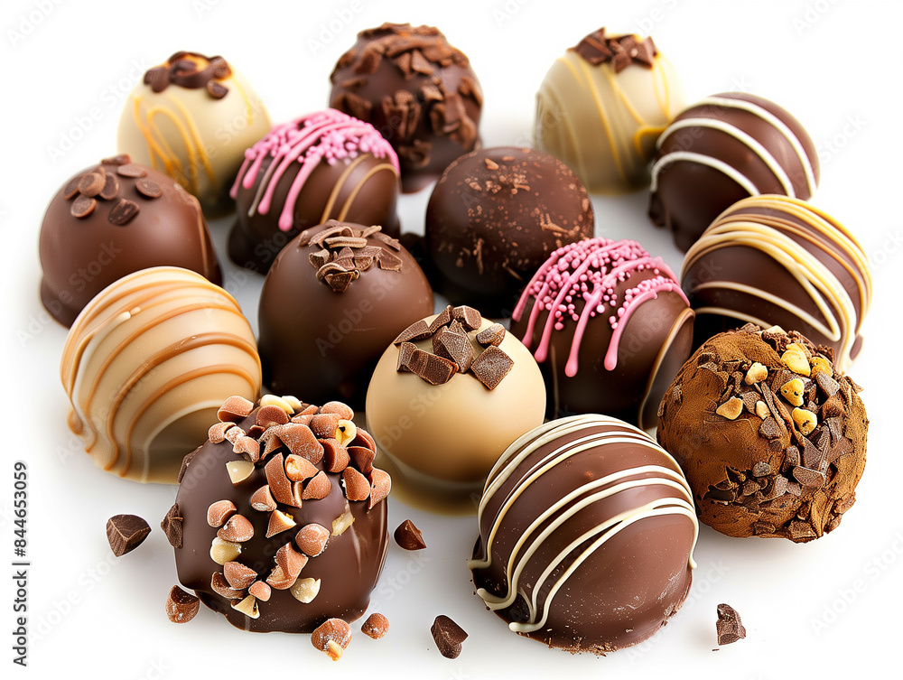 Schokoladen Pralinen, Trüffel auf weissen Hintergrund. Verschiedene Sorten. Schokoladen Pralinen, Trüffel auf weissen Hintergrund. Verschiedene Sorten.