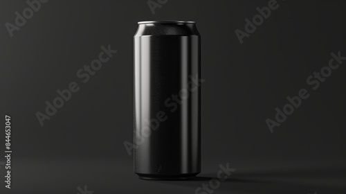 A black aluminum soda can mockup is isolated on a black background featuring a 500ml capacity