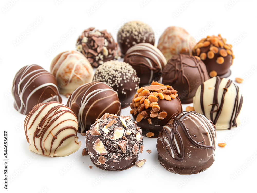 Schokoladen Pralinen, Trüffel auf weissen Hintergrund. Verschiedene Sorten. Schokoladen Pralinen, Trüffel auf weissen Hintergrund. Verschiedene Sorten.