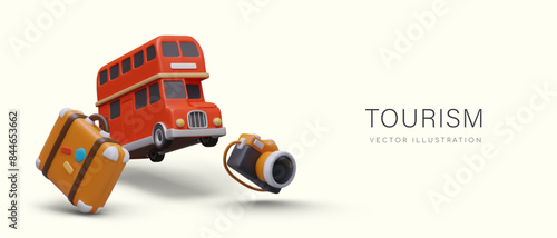 Creative poster with 3D travel suitcase, double decker bus, camera