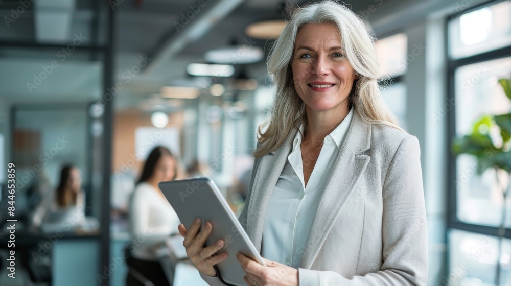Business woman smiling at the camera while holding a tablet pc. Mature business woman standing in an office with her colleag Business woman smiling at the camera while holding a tablet pc. Mature business woman standing in an office with her colleag
