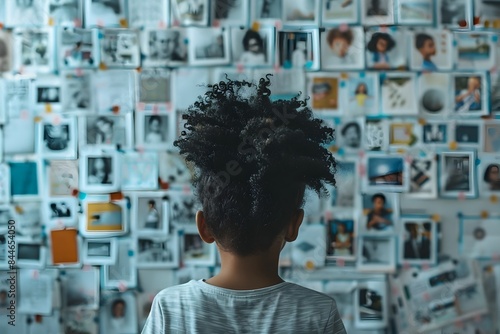 Wide shot of a child gazing thoughtfully at a bulletin board covered with pictures representing a diverse range of careers,inspiring of future potential and opportunities. photo