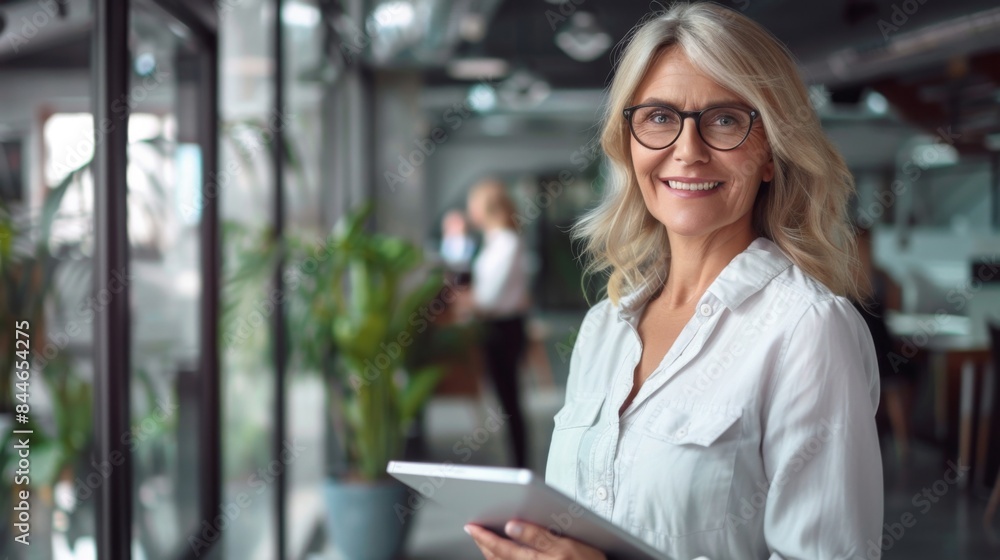 Business woman smiling at the camera while holding a tablet pc. Mature business woman standing in an office with her colleag Business woman smiling at the camera while holding a tablet pc. Mature business woman standing in an office with her colleag
