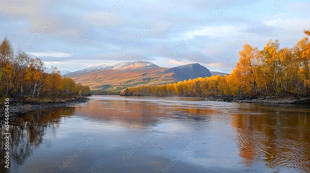 autumn mountain river landscape at sundet autumn mountain river landscape at sundet
