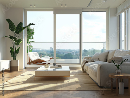 Interieur  Wohnung  wei  es Sofa  Terrasse  Fenster vom Boden bis zur Decke  minimalistisch
