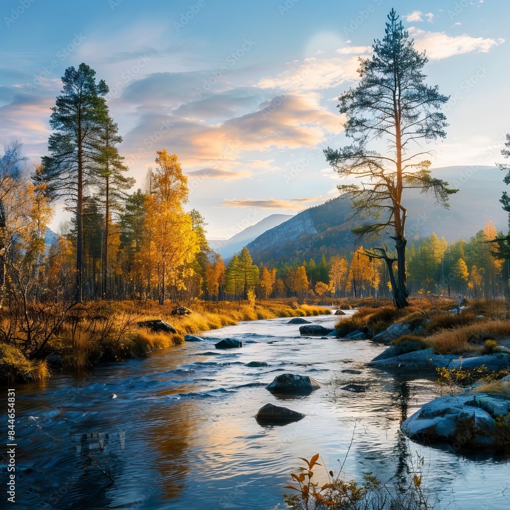 autumn mountain river landscape at sundet autumn mountain river landscape at sundet