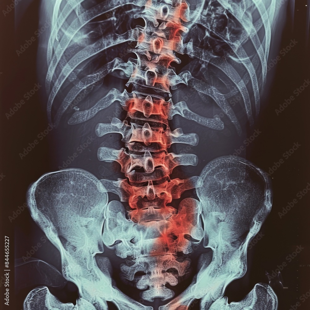 X-ray image of a full spinal column showing vertebrae and pelvis with ...