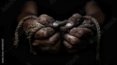 Black slave's hands tied with rope close-up. Concept of slavery, lack of freedom. Prisoner in shackles black background. African American man struggle. Fighting slavery, racism, oppression of blacks.