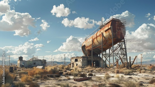 A toppled water tower overshadowing a deserted town its rusted tank precariously balanced on a collapsed support photo