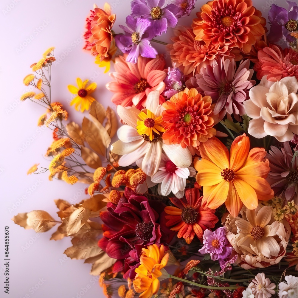 Obraz premium Autumn composition made of beautiful flowers on light backdrop, Flower Drawing