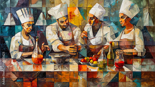 Cooks In The Kitchen -  Cubism Painting, Cubist Kitchen Painting, Chefs Artwork, Food art, Culinary Scene