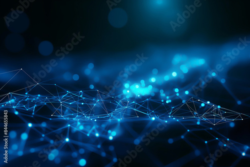 Abstract technology background with blue glowing network connections and dots on dark background, network of dots on dark for web design or digital tech concept. Abstract connection in cyberspace
